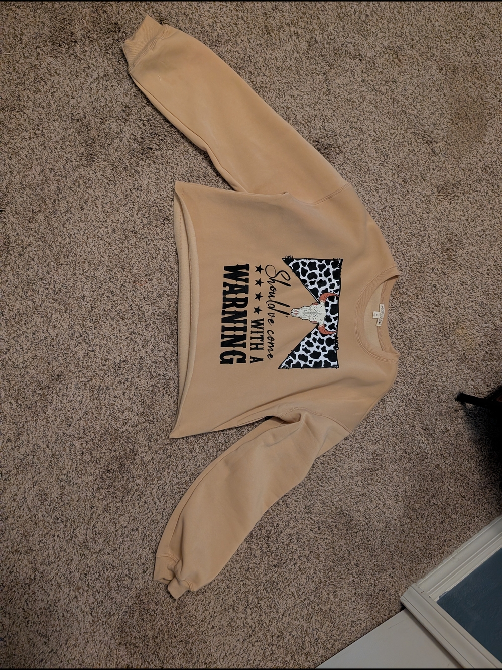 Beige Graphic Crewneck Sweatshirt with Cow Print Warning